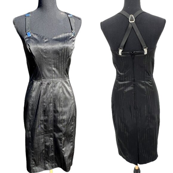 Y2K Betsey Johnson Black Pinstripe Satin Suspender Dress Whimsey Goth Grunge 4 - Picture 2 of 9